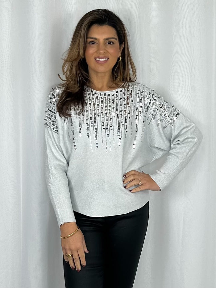 Grey Soft Knit Silver Sequin Glitter Jumper