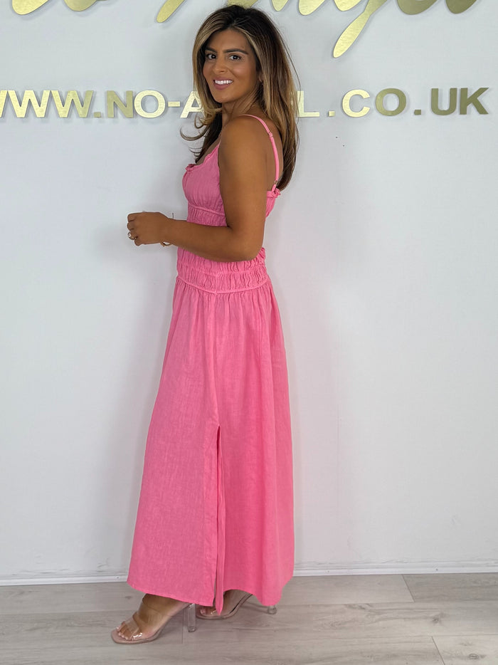 Linen Smocked Thin Strapped Side Split Maxi Dress (3 Colours)