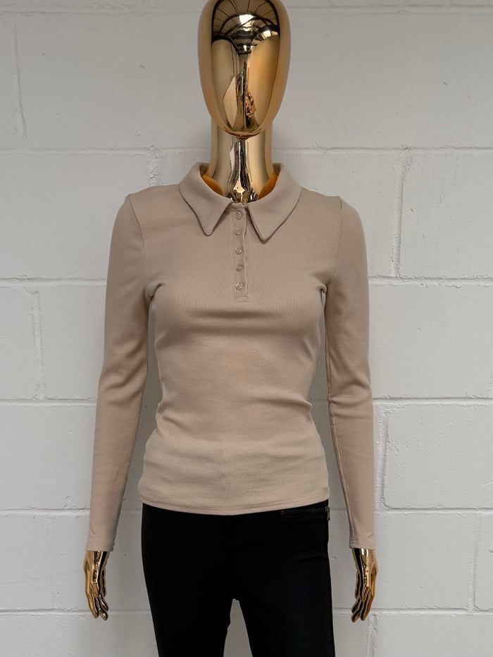 Long Sleeve Ribbed Collared Button Top (3 Colours)