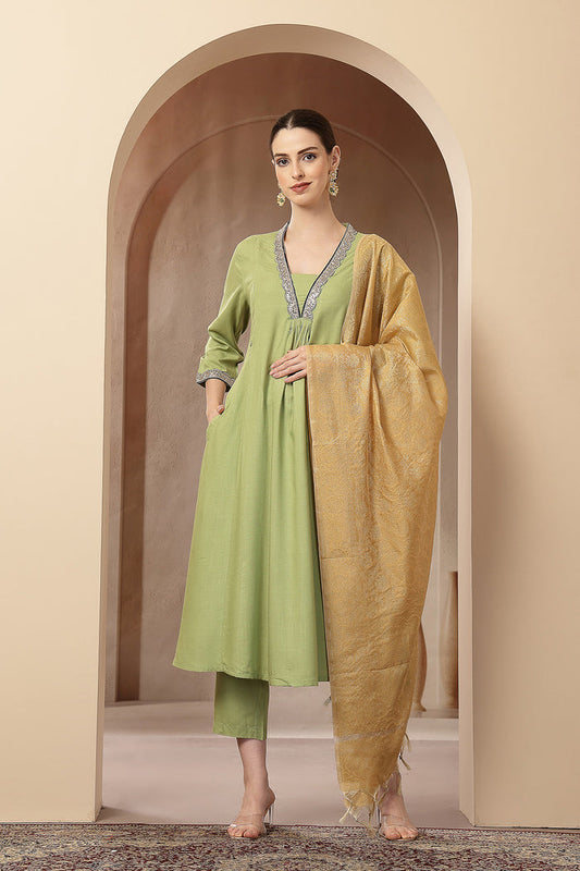 Maternity Concealed Zip Feeding Kurta Set with Dupatta - Parrot Green