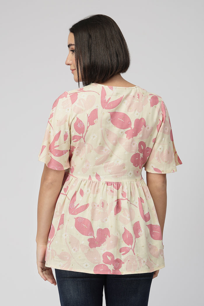 Maternity Printed  Top with Zip Feeding - PINK