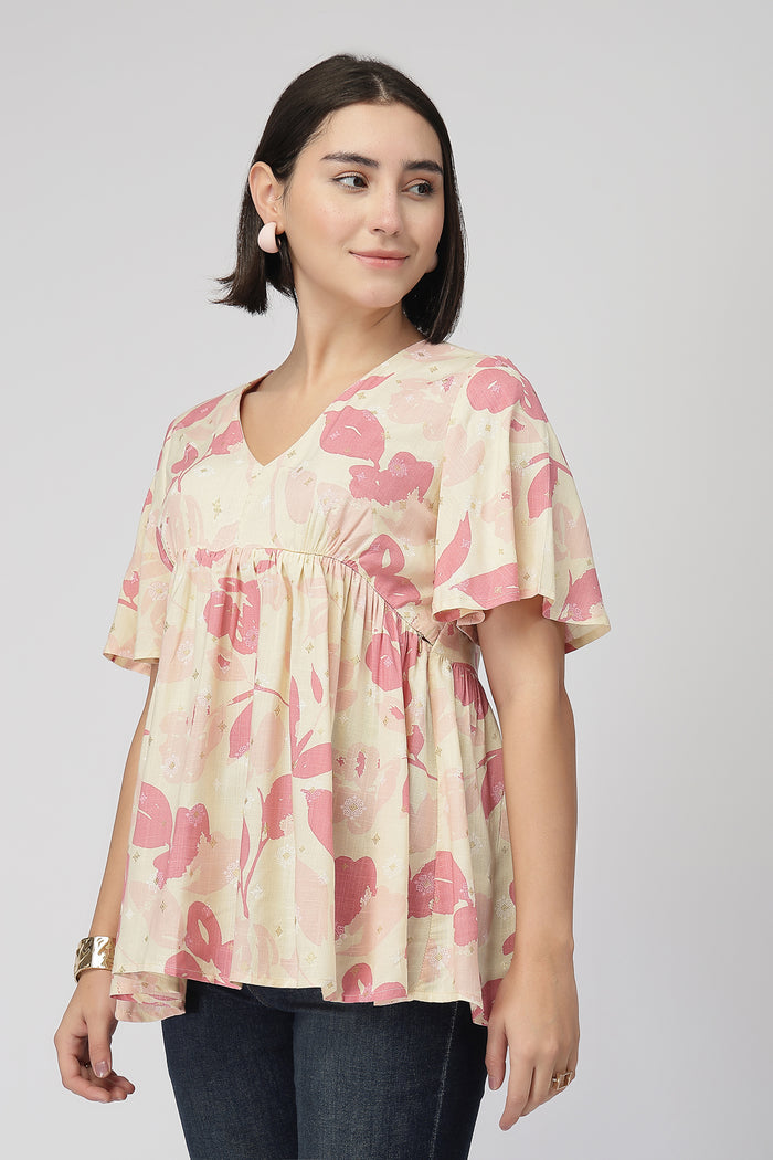 Maternity Printed  Top with Zip Feeding - PINK