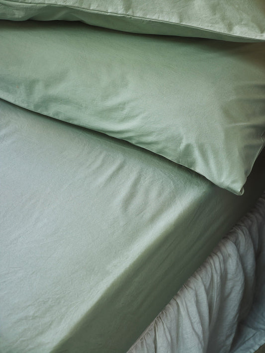 Mellow Green Washed Cotton Percale Fitted Sheet