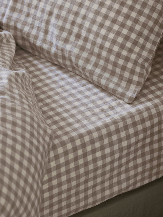 Mushroom Gingham Linen Blend Fitted Sheet