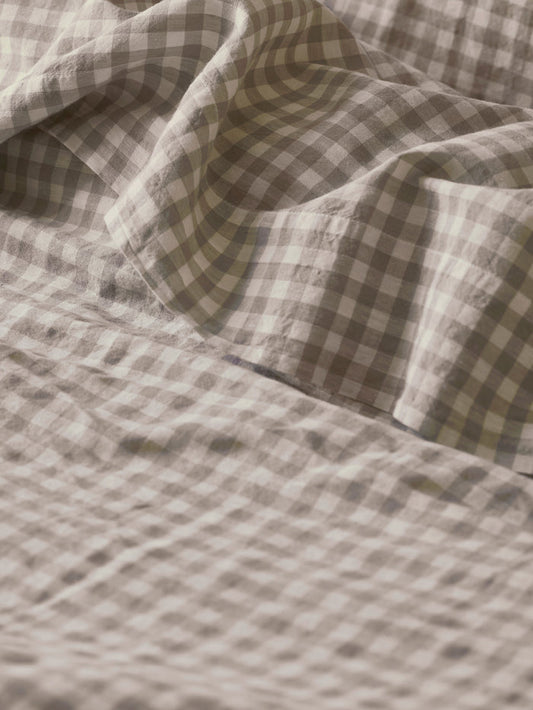 Mushroom Gingham Linen Blend Flat Sheet