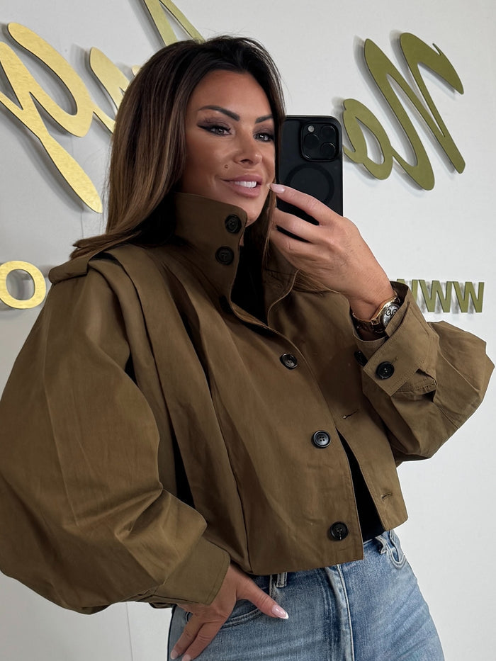 Olive Funnel Neck Cropped Puff Hem Trench Coat