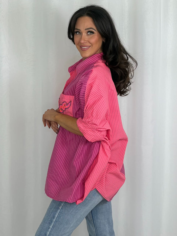 Oversized Hot Pink Pinstripe Shirt