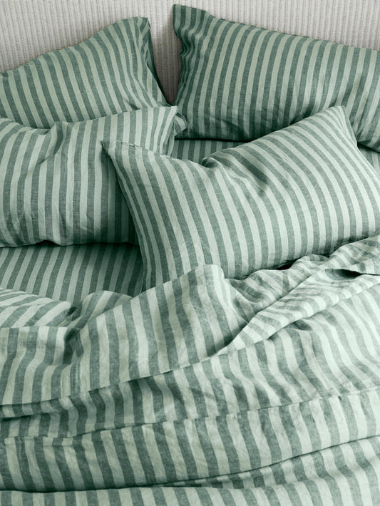 Pine Green Pembroke Stripe 100% Linen Fitted Sheet