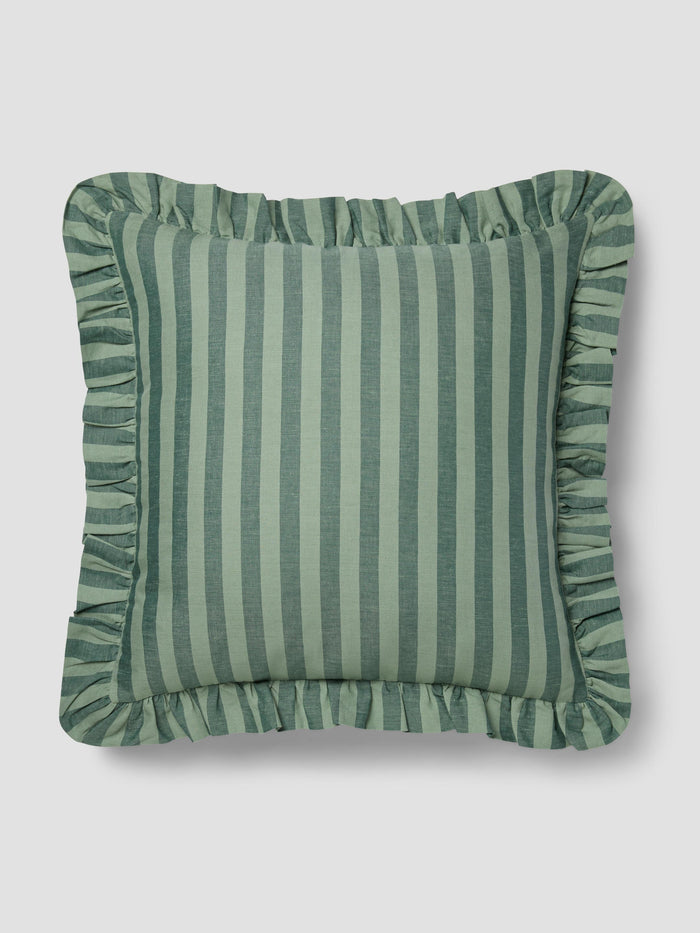 Pine Green Pembroke Stripe Frill Linen Blend Filled Cushion