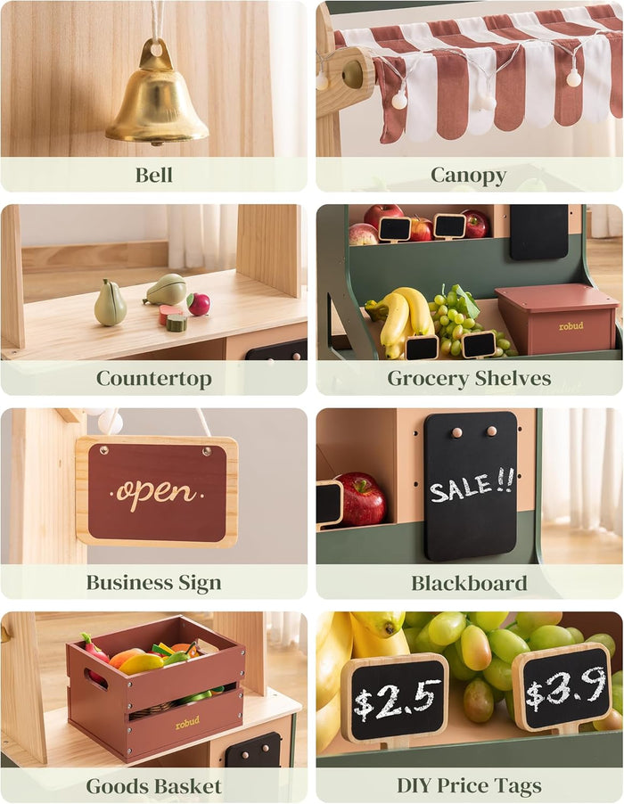 Robud grocery store playset components callout showing bell, canopy, countertop, shelves, open sign and basket