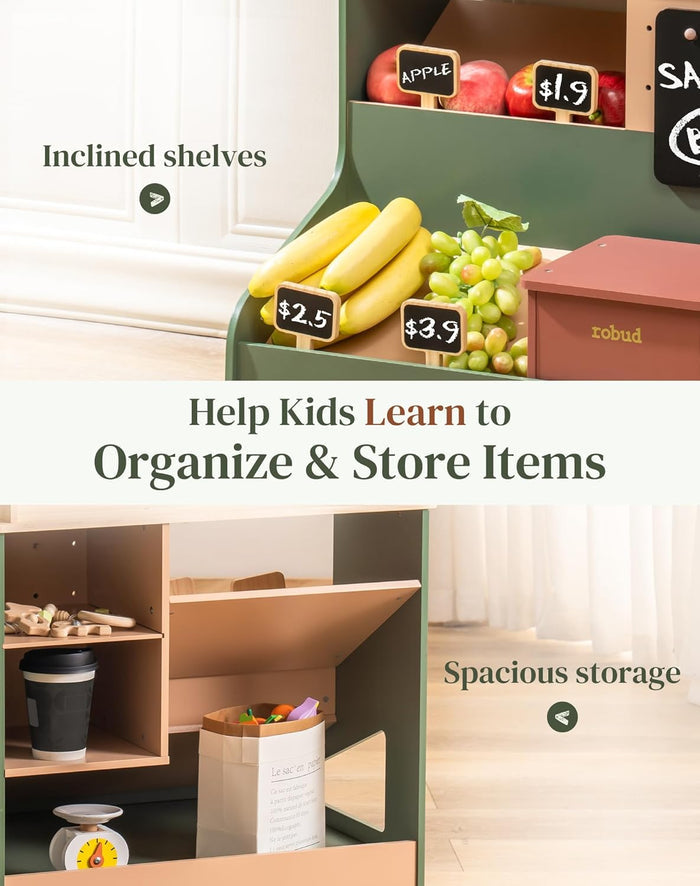 Robud wooden supermarket stand with inclined shelves and spacious lower storage for toy groceries