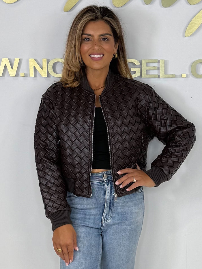 Quilted Woven Zip Up Leather Look Bomber Jacket (2 Colours)