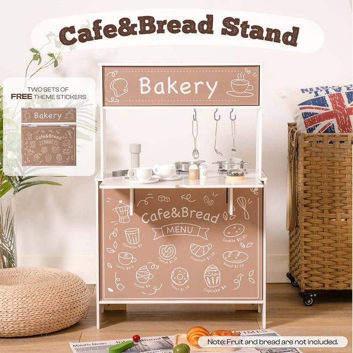 ROBUD cafe and bread stand play kitchen with chalkboard menu sign in brown and white tones.
