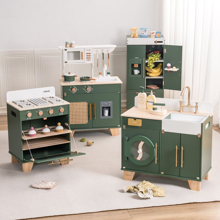 ROBUD vintage green three-piece kitchen set with stove, sink unit and refrigerator in deep forest green.