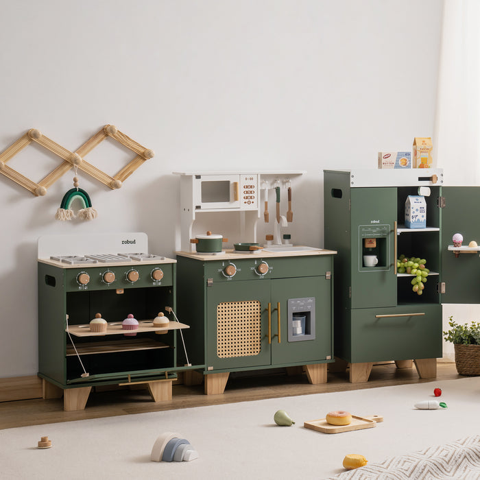 ROBUD vintage green kitchen series full room view showing stovetop, cabinet and fridge side by side.