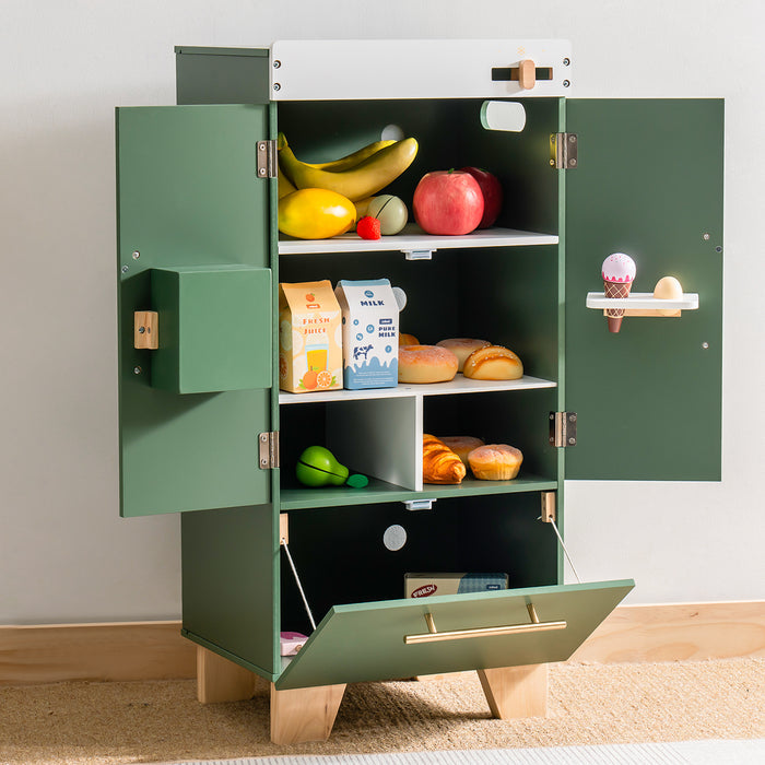 ROBUD green wooden toy refrigerator with open double doors showing shelves with play food items inside.
