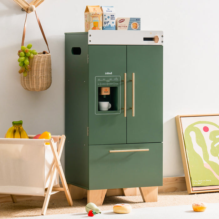 ROBUD green wooden toy refrigerator in room setting with kitchen accessories and produce on top.