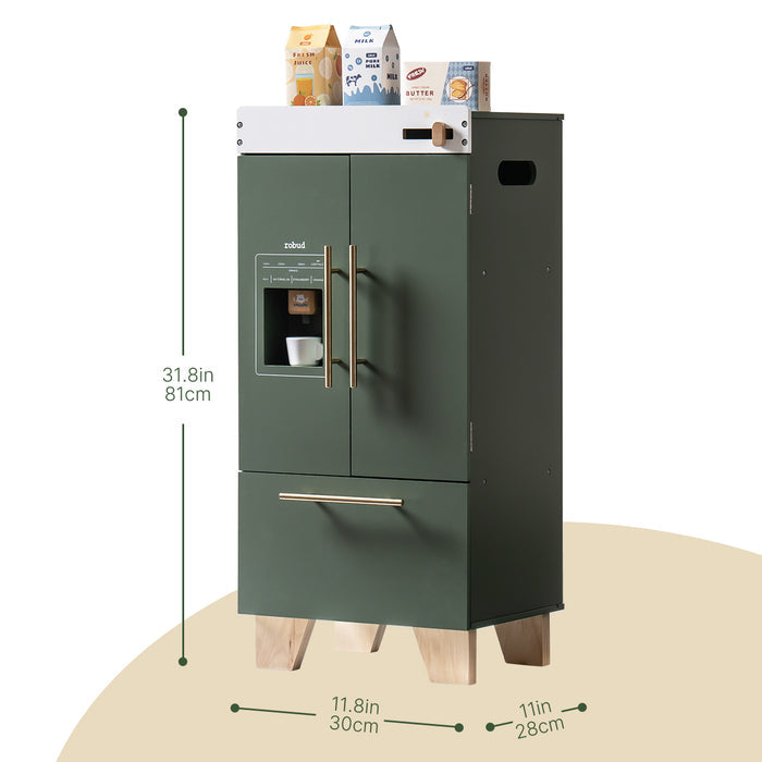 ROBUD vintage green toy refrigerator with dimension labels showing height 31.9 in and width 13.8 in.