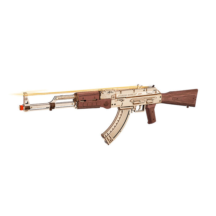 ROKR AK-47 Assault Rifle Toy Gun LQ901 3D wooden puzzle, close-up of intricate laser-cut parts main product photo