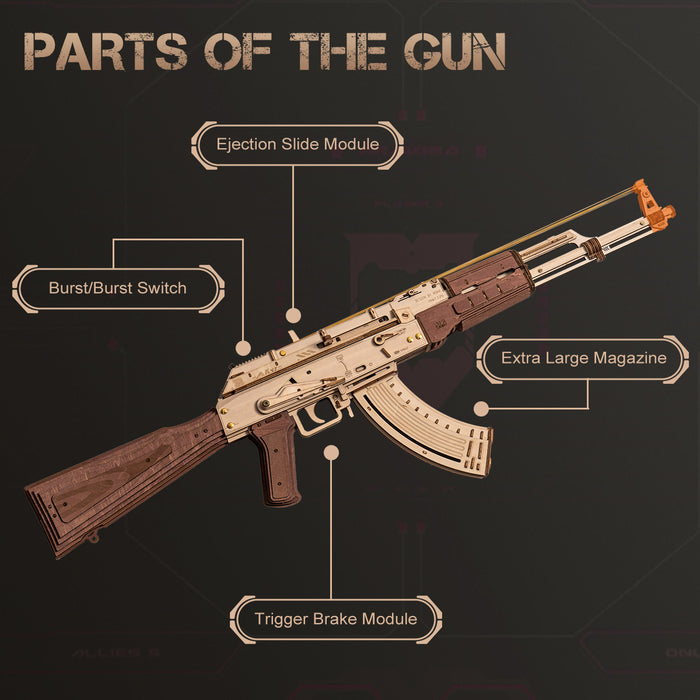 ROKR AK-47 Assault Rifle LQ901 wooden puzzle parts-of-the-gun diagram labeling ejection slide module, burst switch, extra-large magazine and trigger brake