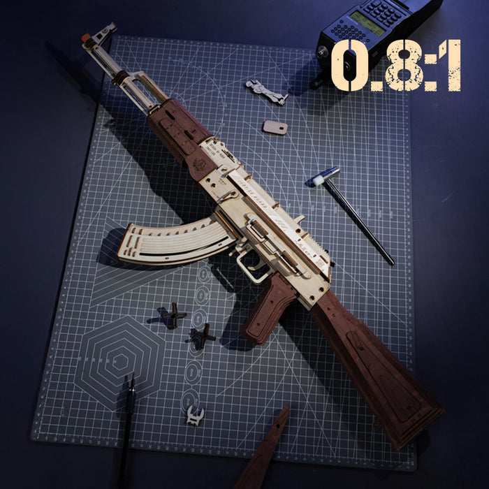 ROKR AK-47 Assault Rifle Toy Gun LQ901 3D wooden puzzle, interior cutaway showing inner mechanism