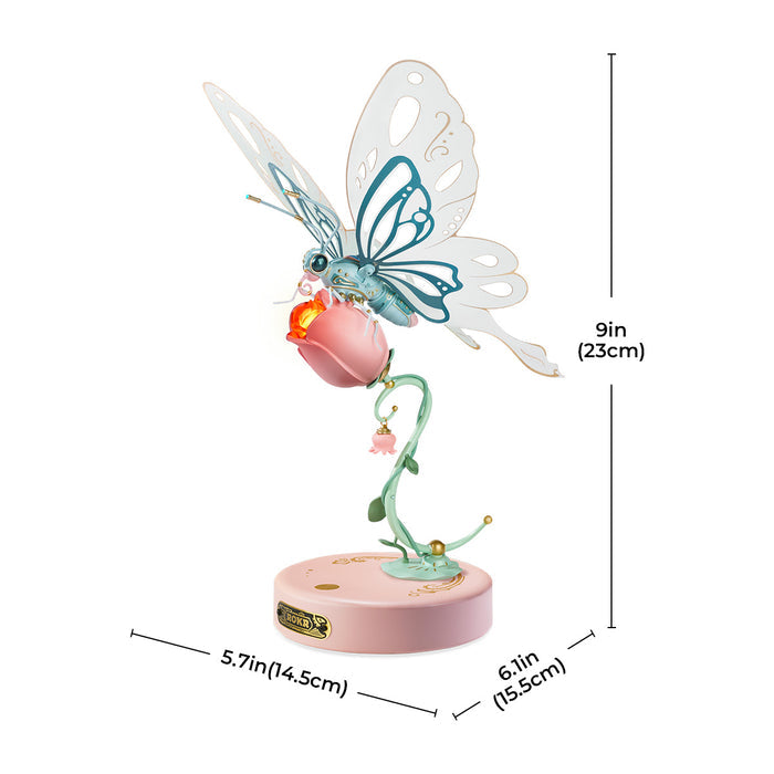 ROKR Butterfly mechanical puzzle pink variant with size callout annotations showing 9in height on a pink round base