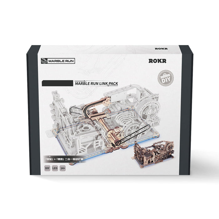 ROKR Marble Run Link Pack retail box with dark blue cover showing the assembled Spaceport and Night City sets