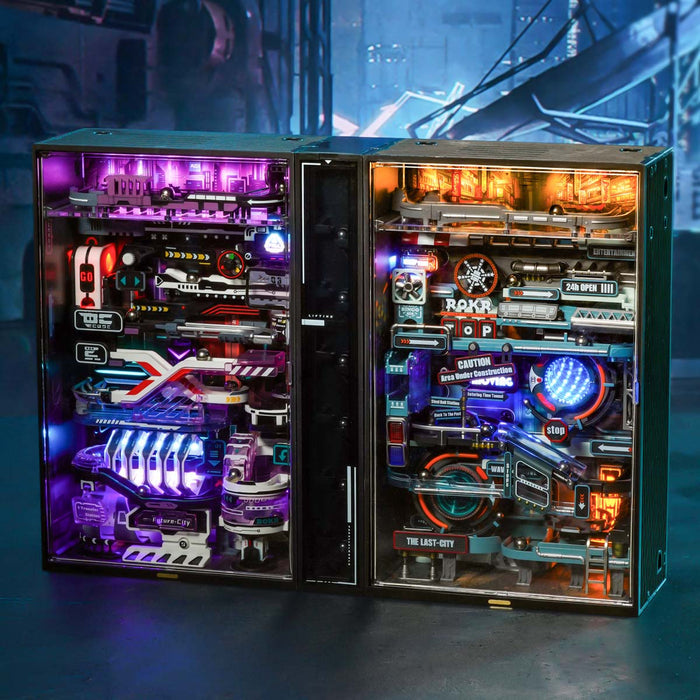 ROKR Parallel World marble run cabinets glow side by side in blue and purple light.