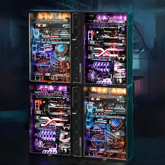 ROKR Parallel World marble run display stacks four glowing cabinets in a dark setting.
