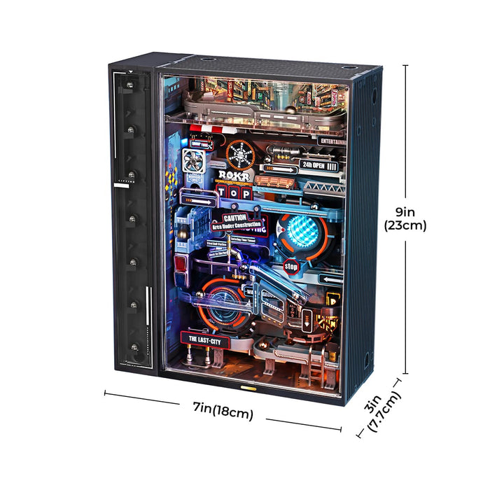 ROKR Last City marble run cabinet with colorful mechanical details and size callouts.