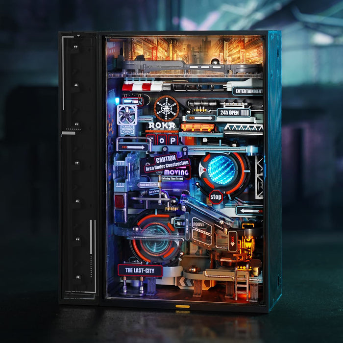 ROKR Last City marble run cabinet glows with colorful tracks and pipes inside a black frame.