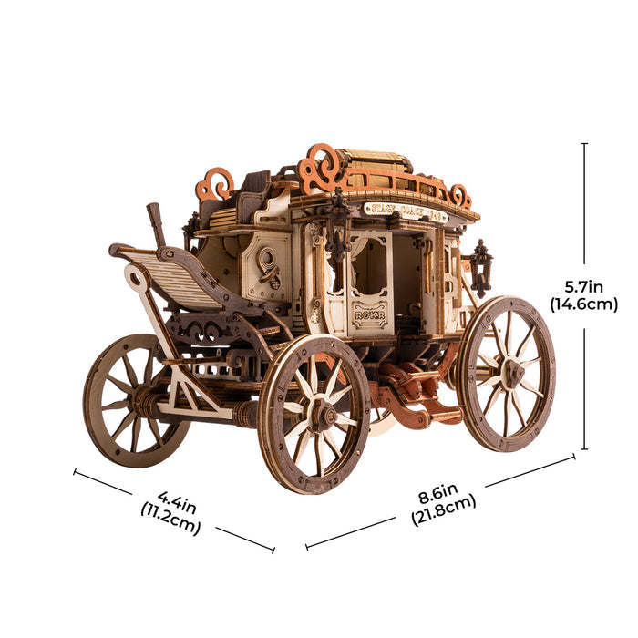 ROKR Stagecoach mechanical wooden puzzle with size dimensions labeled showing 8.6 by 5.7 by 4.4 inch assembled scale
