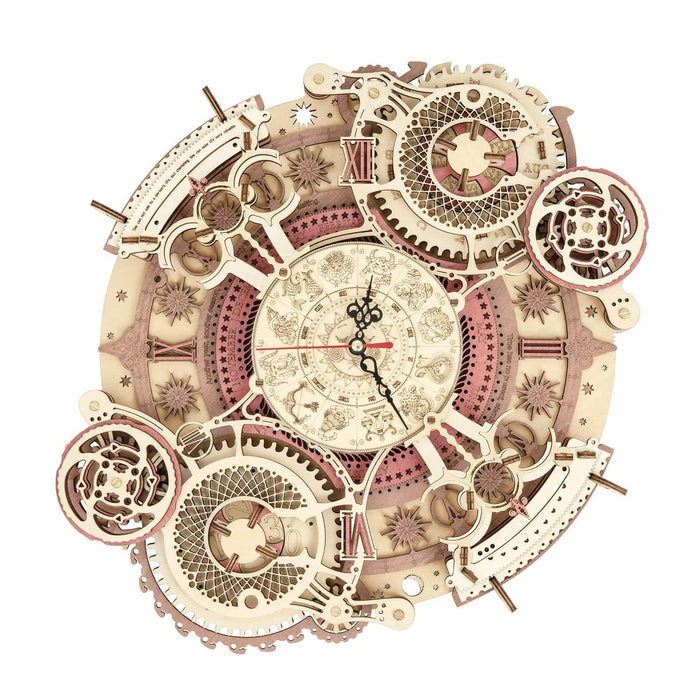 ROKR Zodiac Wall Clock LC601 assembled wooden face with constellation dial, ornate gear rings and clock hands in honey tones