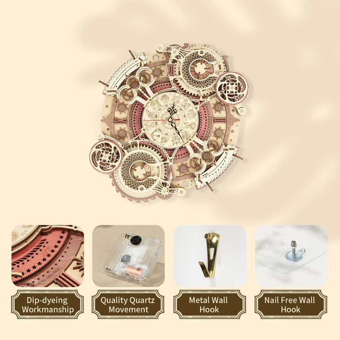 ROKR Zodiac Wall Clock LC601 highlights showing dip-dyed workmanship, quartz movement, metal wall hook and nail-free hook