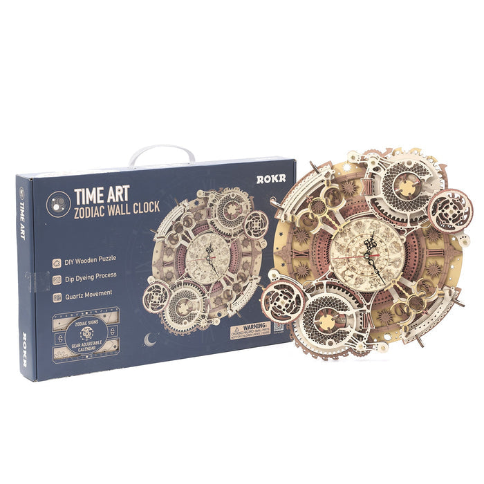ROKR Zodiac Wall Clock LC601 Time Art retail box with dark navy star-map artwork shown beside the assembled wooden clock