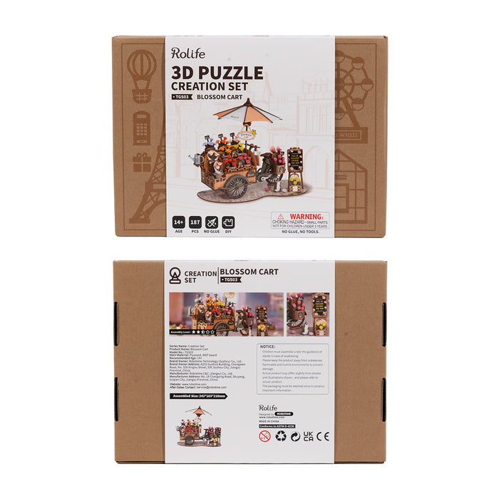 Rolife Blossom Cart TGS03 retail packaging box showing front cover art and back panel with assembly specifications