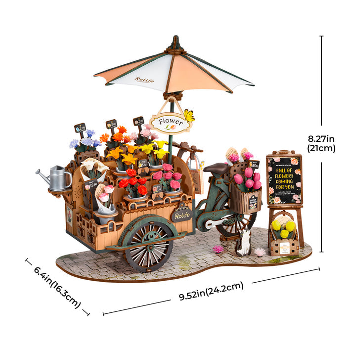 Rolife Blossom Cart TGS03 wooden miniature showing a flower cart under a lantern umbrella with dimension labels