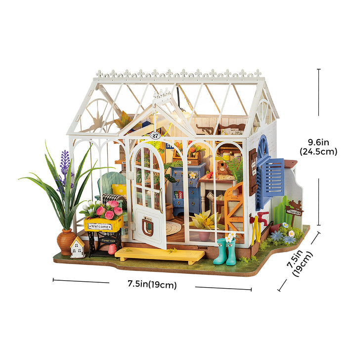Rolife Dreamy Garden House DIY miniature greenhouse with dimensions 7.5 by 9.6 inches in green and white theme
