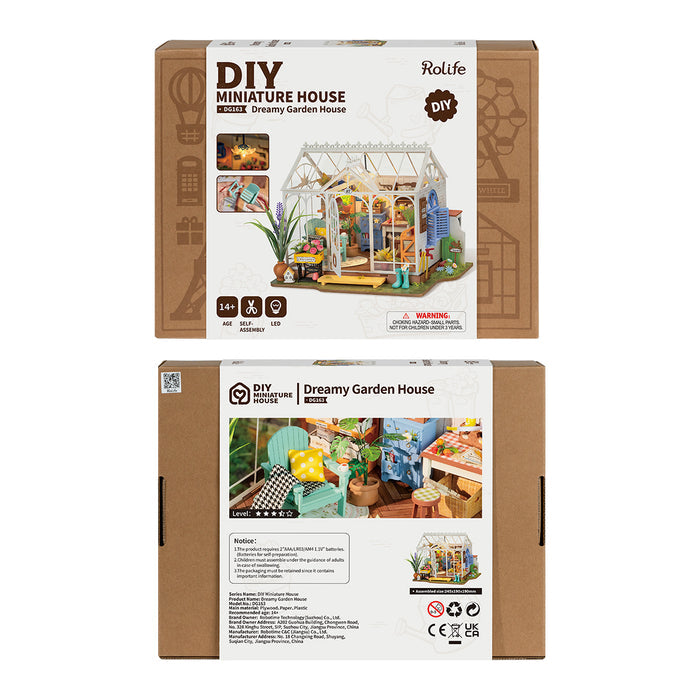 Rolife Dreamy Garden House DIY miniature retail packaging box in beige kraft with product image preview