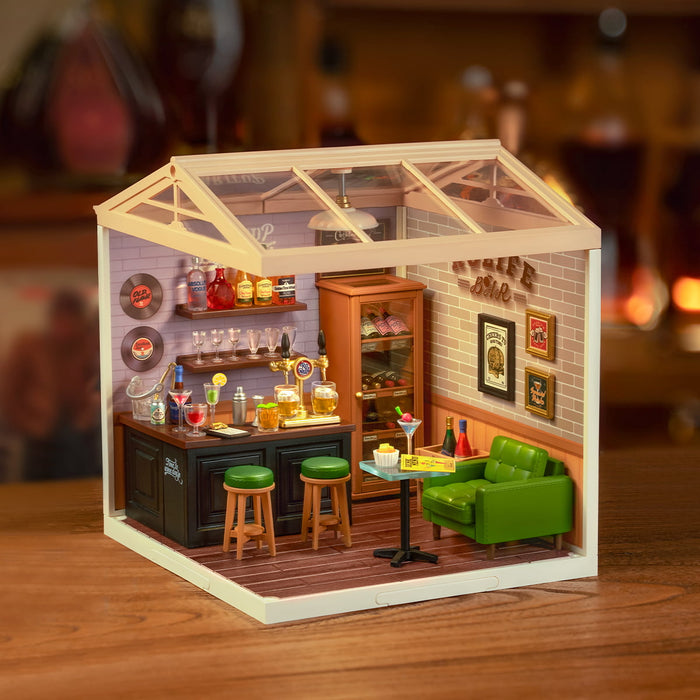 Rolife Leisurely Cheers Bar DW012 DIY miniature dollhouse kit, front view on a neutral background