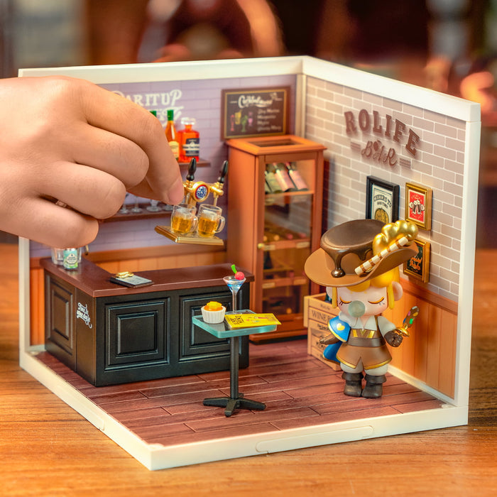 Rolife Leisurely Cheers Bar DW012 DIY miniature dollhouse kit, angled three-quarter view of the build