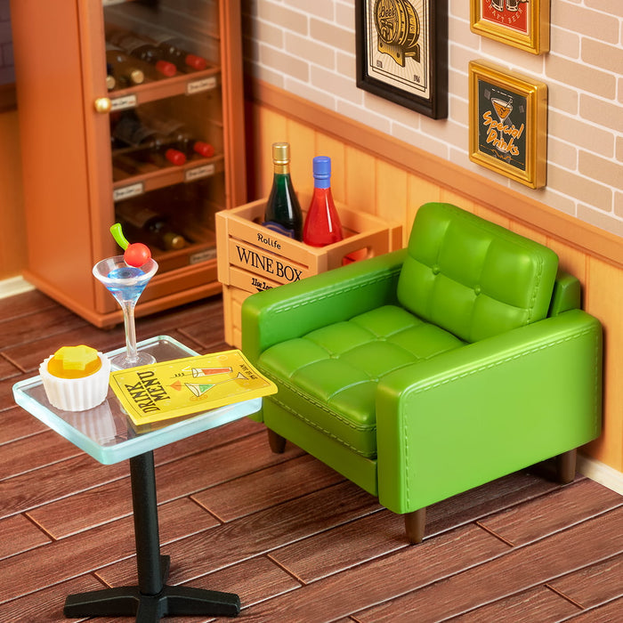Rolife Leisurely Cheers Bar DW012 DIY miniature dollhouse kit, close-up of intricate laser-cut parts