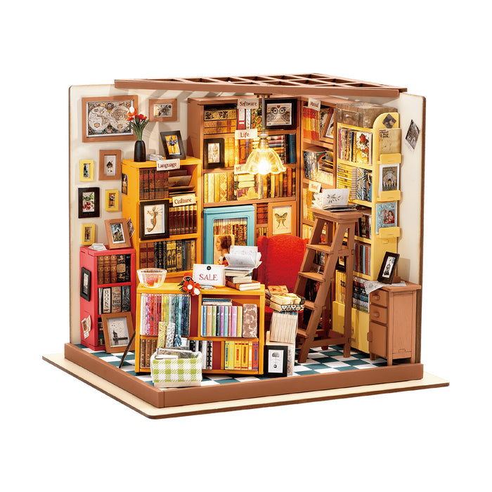 Rolife Sam's Study Library DIY Miniature House Kit DG102 packaging showing front and back of the brown craft box with product specs and assembled preview image