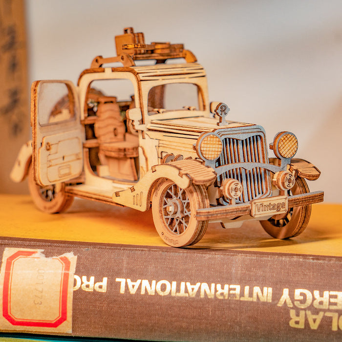 Rolife Vintage Car 3D wooden puzzle TG504 side profile showing full car silhouette with spoked wheels and open-top body style