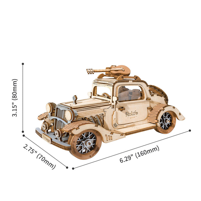 Rolife TG504 Vintage Car 3D wooden puzzle front view showing headlights, grille, and fender details in assembled natural wood