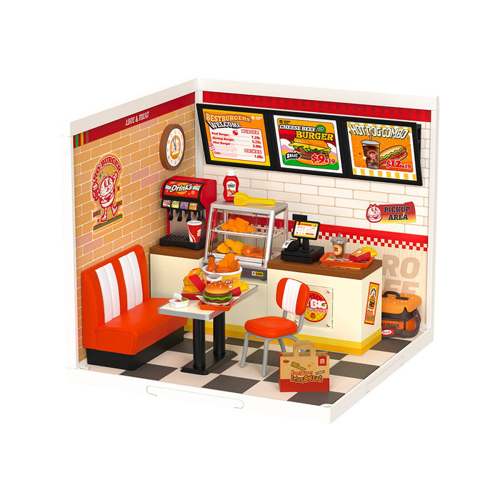 Rolife Yum Yum Burgers DW010 miniature fast food diner with a black and white checkered floor, red booth seating and a lit burger menu counter