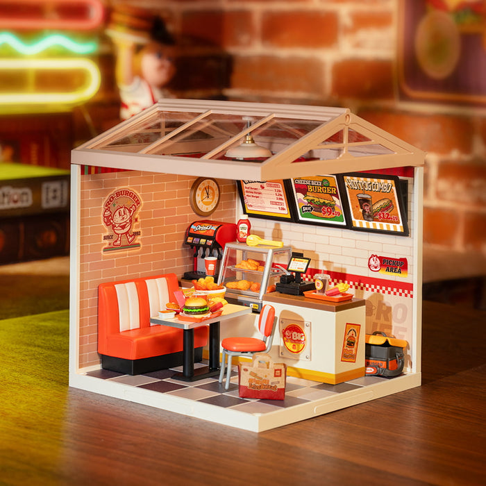 Rolife Yum Yum Burgers DW010 DIY miniature dollhouse kit, front view on a neutral background