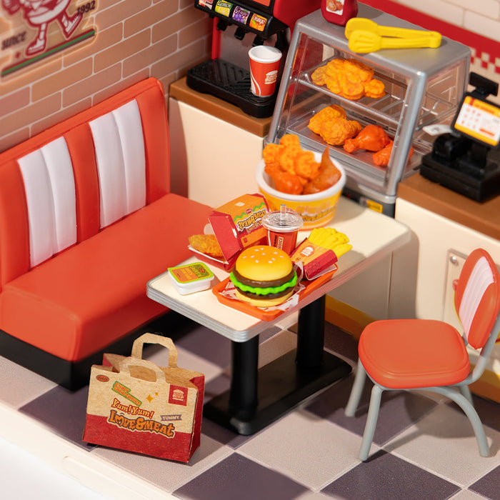 Rolife Yum Yum Burgers DW010 DIY miniature dollhouse kit, side profile detail shot