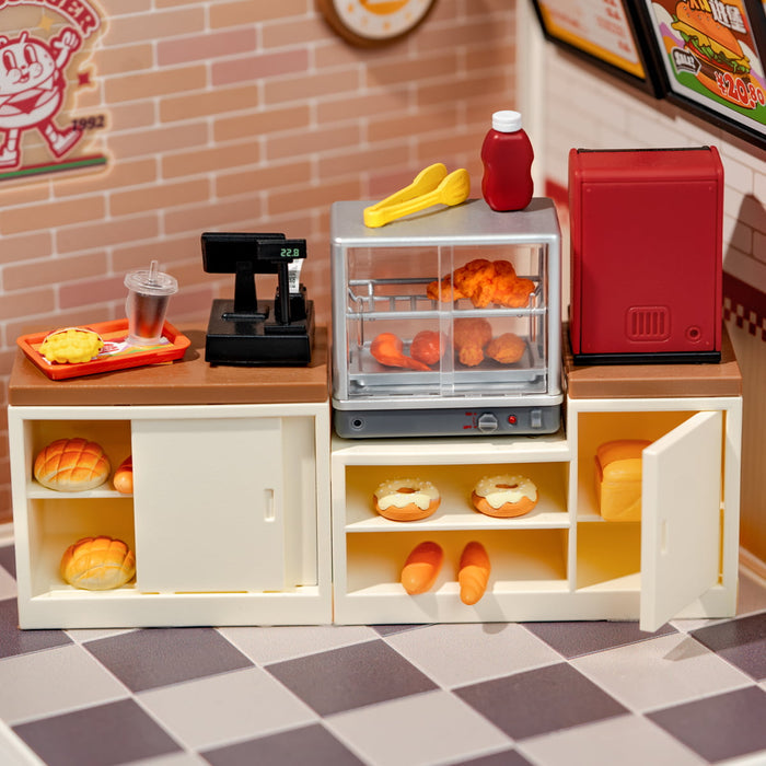 Rolife Yum Yum Burgers DW010 DIY miniature dollhouse kit, close-up of intricate laser-cut parts