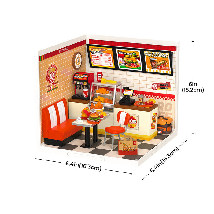 Rolife Yum Yum Burgers DW010 DIY miniature dollhouse kit, top-down view of the assembled model